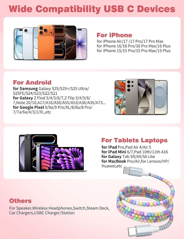 Alt view image 7 of 7 - USB C to USB C Cable 6FT2Pack,60W Fast Charging Beaded Charger Cord for iPhone 17 16 Pro Max iPad Pro Air 11 10th for Samsung S25 S24 Ultra S23 FE A16 A17 Android Phone Charger Cable Cute Girls Women