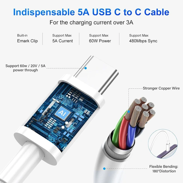 Alt view image 3 of 7 - 3 Pack USB C to USB C Charging Cable 60W,6 Feet Type C Fast Charging Cord Charger Compatible for Samsung Galaxy S23 S22 S21 S20 Ultra, Note 20 10, Google Pixel 2/3/4, MacBook Pro/Air, iPad Pro