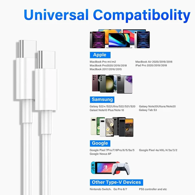 Alt view image 7 of 7 - 3 Pack USB C to USB C Charging Cable 60W,6 Feet Type C Fast Charging Cord Charger Compatible for Samsung Galaxy S23 S22 S21 S20 Ultra, Note 20 10, Google Pixel 2/3/4, MacBook Pro/Air, iPad Pro