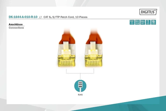 Alt view image 3 of 6 - DIGITUS LAN Cable Cat 6A - 1m - 10 Pieces - RJ45 Network Cable - S/FTP Shielded - Compatible with Cat-6 & Cat-7 - Red