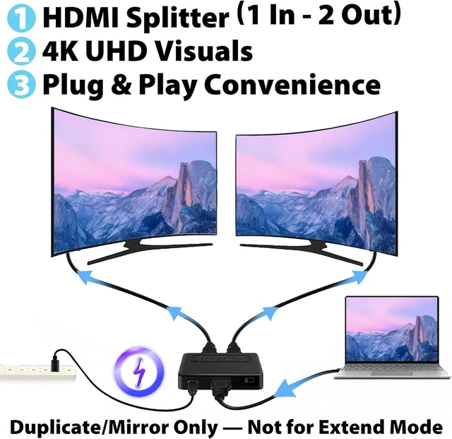 Alt view image 2 of 7 - Cyberguys! HDMI Splitter 1 in 2 Out, 4K HDMI Hub 2.0 Video Duplicator with 2.5ft USB Power Cable and Adapter, Supports 4K@30Hz UHD for TV, Monitor, Projector, PS4, Xbox, Blu-Ray Mirror Mode Only