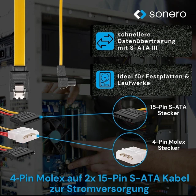 Alt view image 2 of 7 - Sonero® SATA III 6Gb/s Data Cable Set, 2 x 0.5 m, Angled + 4 Pin to 2 x SATA, Yellow