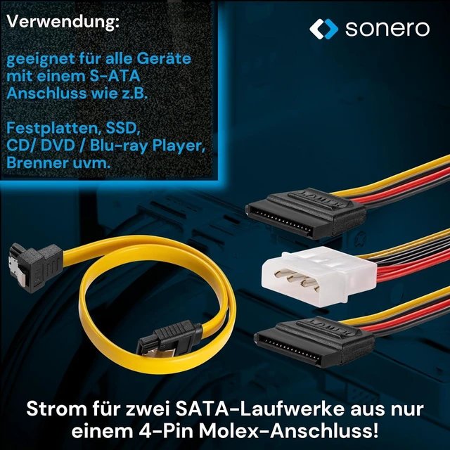Alt view image 3 of 7 - Sonero® SATA III 6Gb/s Data Cable Set, 2 x 0.5 m, Angled + 4 Pin to 2 x SATA, Yellow