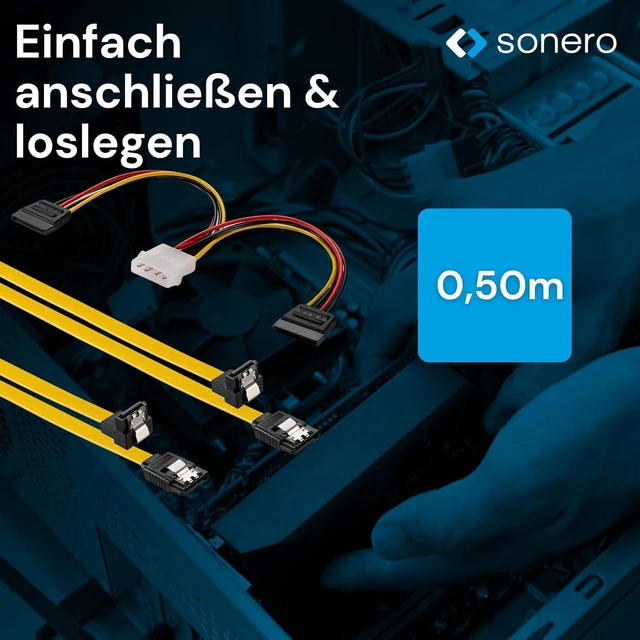 Alt view image 7 of 7 - Sonero® SATA III 6Gb/s Data Cable Set, 2 x 0.5 m, Angled + 4 Pin to 2 x SATA, Yellow