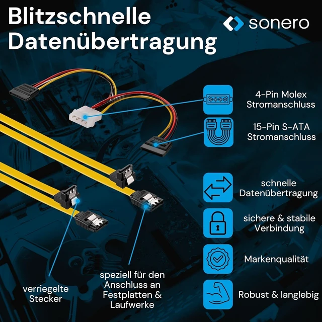 Alt view image 6 of 7 - Sonero® SATA III 6Gb/s Data Cable Set, 2 x 0.5 m, Angled + 4 Pin to 2 x SATA, Yellow