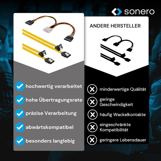 Alt view image 5 of 7 - Sonero® SATA III 6Gb/s Data Cable Set, 2 x 0.5 m, Angled + 4 Pin to 2 x SATA, Yellow