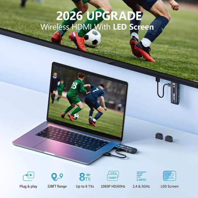 Alt view image 2 of 7 - Wireless HDMI Transmitter and Receiver with LED Display, HDMI Wireless Extender 1080P@60Hz, 2.4/5G, 165FT Range for Laptop PC Camcorder TV Box to TV Monitor Projector for Home Church Office