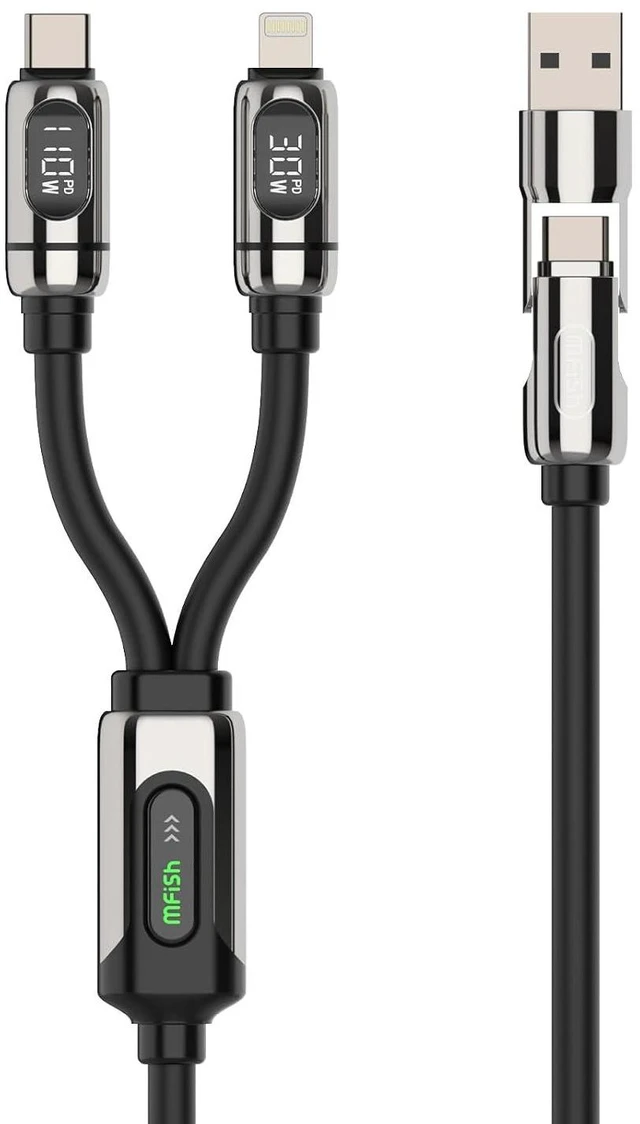 Main image of MFish 4-in-1 Multi Charging Cable, USB C/USB A to USB C & Lightning Fast Charging Cord with LED Power Display, Liquid Silicone USB-C Cable for MacBook, Laptop, iPad, iPhone, Galaxy, 5FT Black