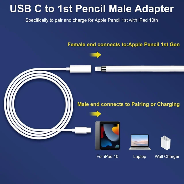 Alt view image 2 of 7 - USB-C Pencil 1st Generation Adapter 3.3 FT Charging Cable for Apple Pencil Pen 1st Gen Match for iPad 10 11 (A16) Bluetooth Pairing Type C Charger Male to Female for Lightning iPencil Connector Cord