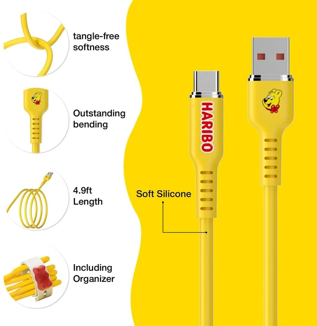 Alt view image 3 of 7 - Haribo USB C to USB A Cable (2 Pack, 4.9ft), Fast Charging, Soft Silicone, USB 2.0 Gummy Bear Style Charging Cords for iPhone 15/16, Samsung Galaxy, Pixel, iPad, Motorola