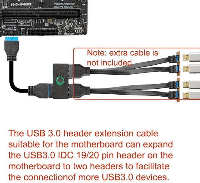Alt view image 3 of 5 - Upgraded USB 3.0 Header Splitter, Motherboard USB 3.0 Splitter, Motherboard 19Pin 20 Pin Header 1 to 2 HUB Extension Cable with Chip, Stable and Reliable