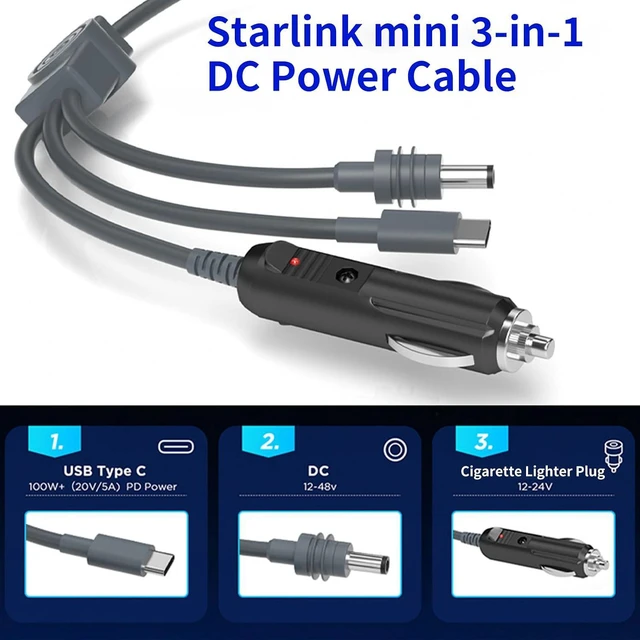 Alt view image 3 of 7 - for Starlink Mini 3 in 1 Power Cable 6m/20ft with USB C Cable, Cigarette Lighter Plug and DC Male Power Cable for Starlink Mini