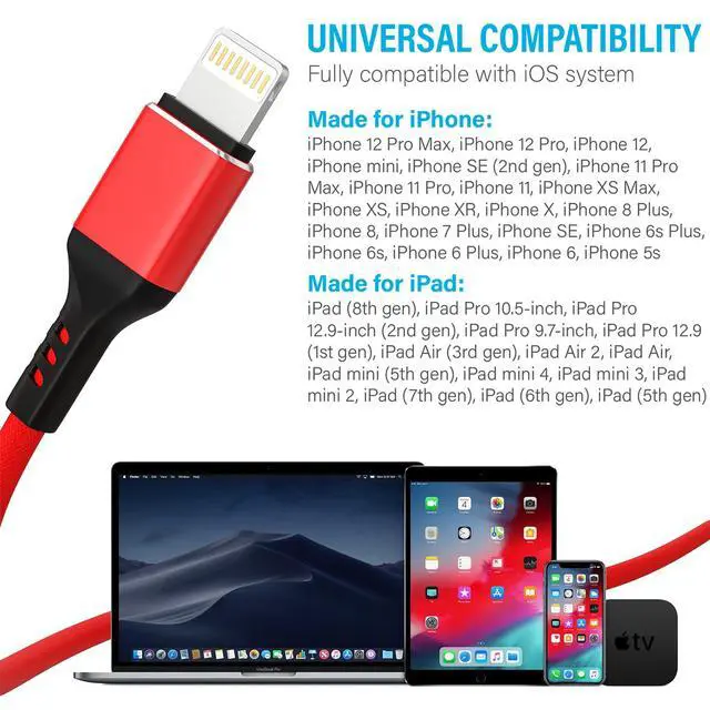 Alt view image 7 of 7 - Ironten iPhone Charger Cable, Apple MFi Certified 3 Pack 6 FT Red Long Lightning Fast Charging High Speed Data Sync USB Cable Compatible iPhone 14 13 12 11 Pro Max Plus XS MAX XR XS X 8 7 Plus