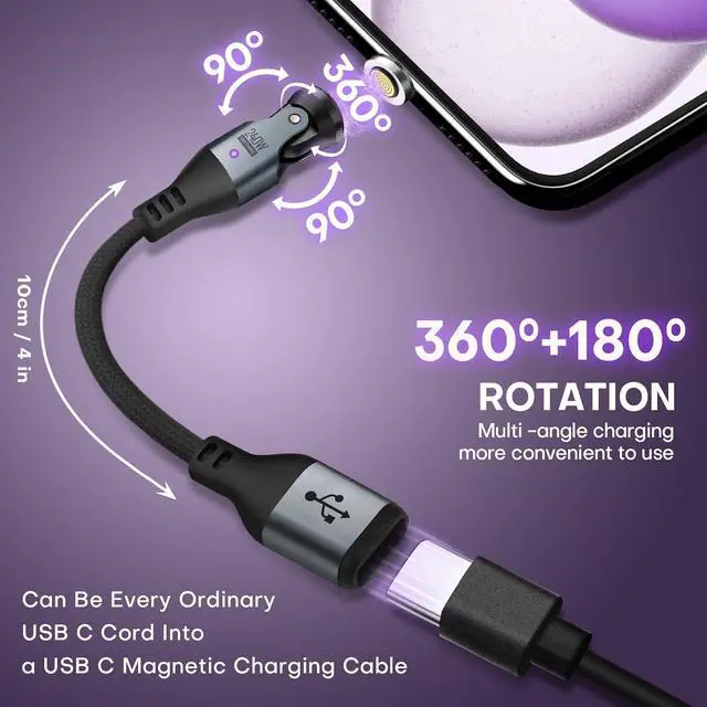 Alt view image 2 of 7 - EndleesShine Magnetic USB Adapter Type C to C with 10cm Short Cable 9PIN PD 240W Fast Charging USB-C 540° Rotation Swivel Connector 480MBPS (4 Cable 4Tips Set)