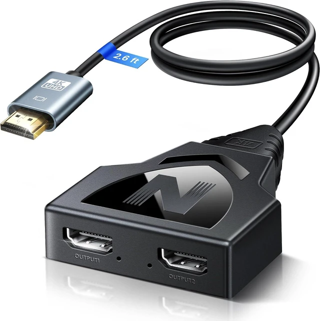 Main image of NEWCARE 4K HDMI Splitter 1 in 2 Out with Built-in 2.6FT HDMI 2.0 Cable | Works with 2 TVs of Different Sizes at The Same Time, Mirror 1 Source to 2 Screens, No Extended Display, Support PS5, Monitor