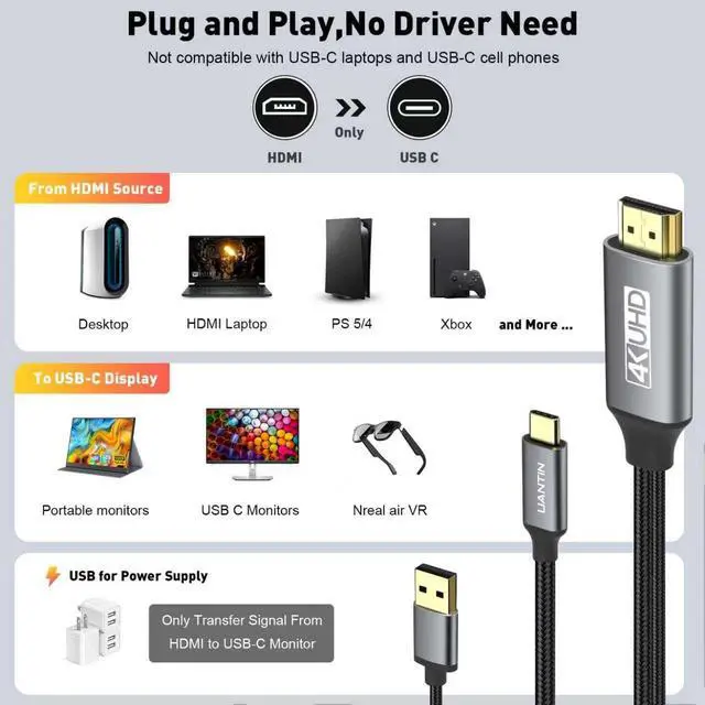 Alt view image 6 of 7 - UANTIN 4K HDMI to USB C Cable Adapter with USB Power (Not Charging for Device) Uni-Directional HDMl Source to Type-C Screen Cord for XR/AR Glasses,PS5,Portable Monitors