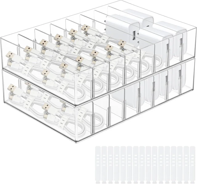 Main image of 2Pcs Cable Charger Organizer Box with 16Pcs Wire Ties Large Plastic Cords Storage Organizer with Adjustable Compartments Electronics Organizer Stackable Cord Storage Box for Drawer Home Office, Clear