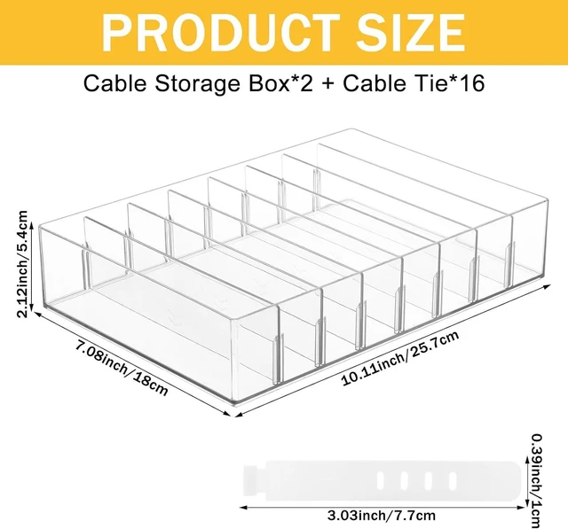 Alt view image 2 of 7 - 2Pcs Cable Charger Organizer Box with 16Pcs Wire Ties Large Plastic Cords Storage Organizer with Adjustable Compartments Electronics Organizer Stackable Cord Storage Box for Drawer Home Office, Clear