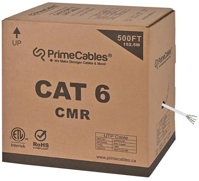 Main image of PrimeCables Ethernet Bulk Cable Cat6 CMR-Rated 500ft - Solid, Splineless Network Internet Cord 23AWG UTP,Pure Bare Copper Wire White