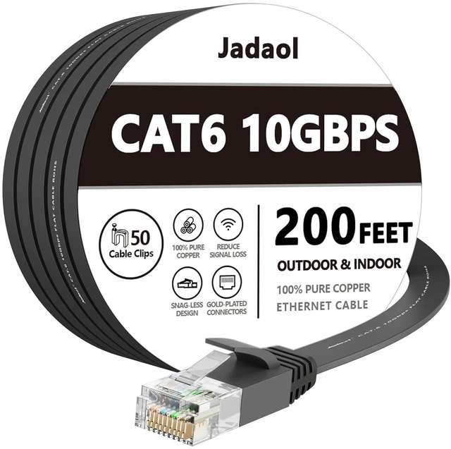 Main image of Cat 6 Ethernet Cable 200 Ft, Outdoor&Indoor, 10Gbps Support Cat7 Network, Slim long Flat Internet LAN Patch Cord, Cat6 Solid High Speed weatherproof Cable for Router, Modem, PS4/5, Xbox, Gaming, Black