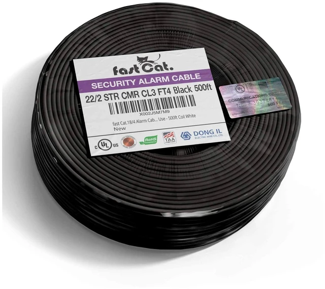 Main image of fast Cat. Alarm Wire/Security Cable - PVC Jacket, Unshielded - 100% Oxygen-Free Pure Bare Copper (OFC) - UL Listed & (CMR-CL3R-FT4) Rated in-Wall Use - 500ft (22AWG 2C STR Coil, Black)
