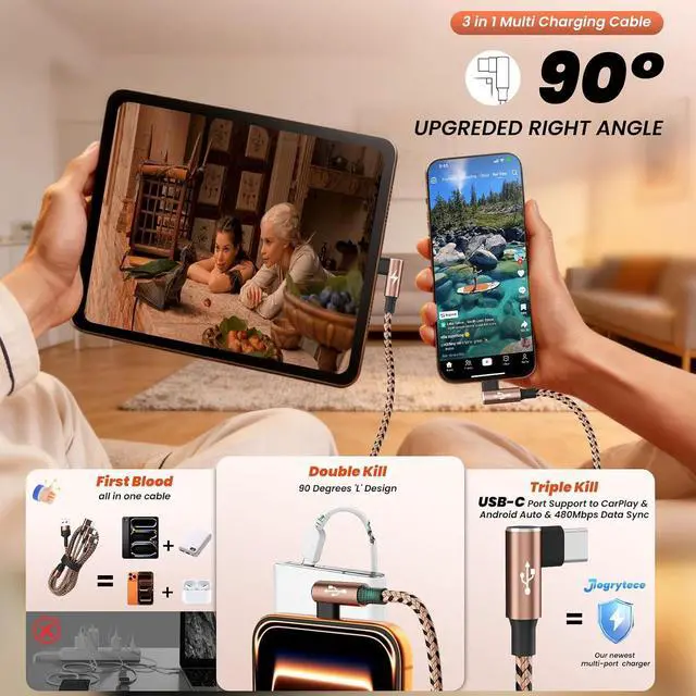 Alt view image 3 of 7 - 90 Degree USB Multi Charging Cable, 3 in 1 USB Cable for iPhone 17 Charger/ IP/Micro Port, Cruise Travel Essentials Right Angle Sideways Multi Charger Portable Designed for Phone Accessories 5FT 1Pack