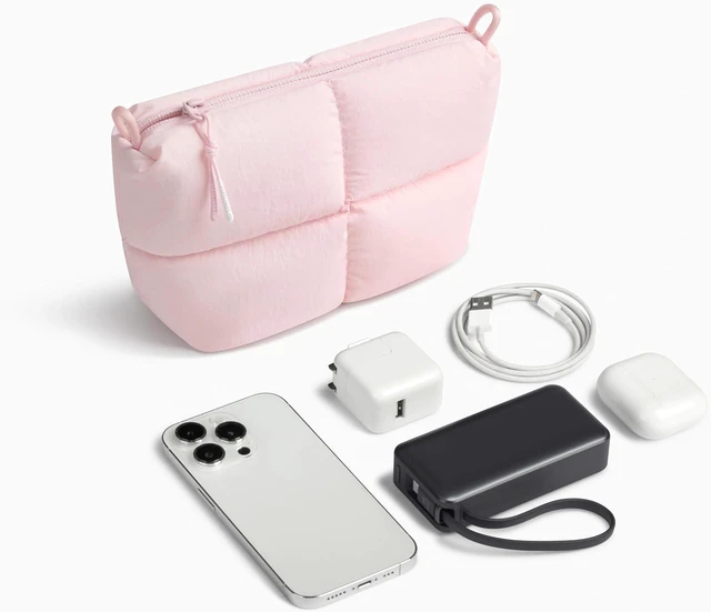 Alt view image 6 of 6 - Comfyable Puffy Electronics Organizer Travel Case, Cute Tech Pouch for Women Men, Cable Storage Bag for Charger, Phone, Power Bank, Cord, Compact Tech Accessories Pouch, Light Pink