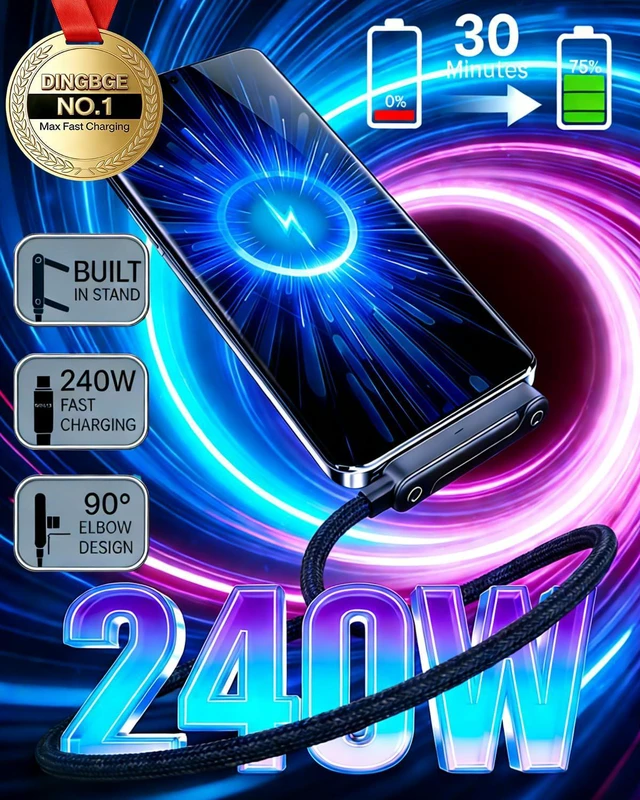 Alt view image 2 of 7 - 2-in-1 Invisible Holder Charger Cable Fast Charging Cord with Built-in Phone Stand, 240W Super Fast Charging Cord with Built-in Folding Phone Stand, Type-C Cable for iPhone Gaming (3PCS)