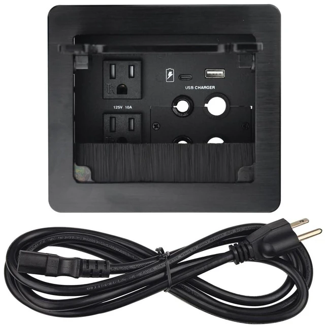 Main image of Tabletop Brush Cable Cubby Connectivity Box with 2 AC Power + 1 USB-A Charger + 1 USB-C Charger + 4 Cable Holes with 5.58ft Power Cord for Conference Office(Black)