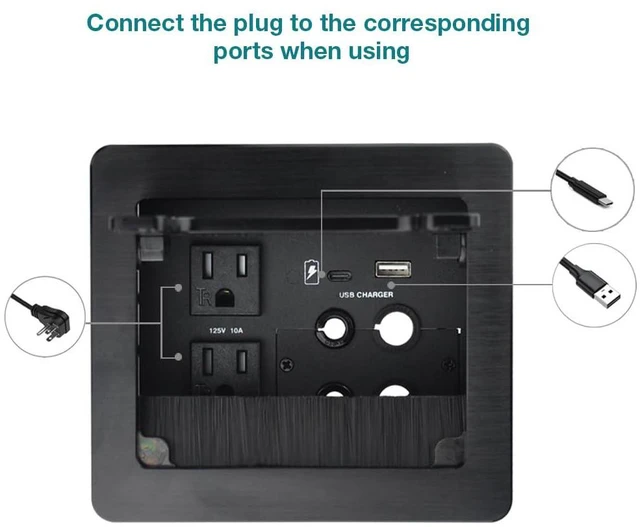 Alt view image 2 of 7 - Tabletop Brush Cable Cubby Connectivity Box with 2 AC Power + 1 USB-A Charger + 1 USB-C Charger + 4 Cable Holes with 5.58ft Power Cord for Conference Office(Black)