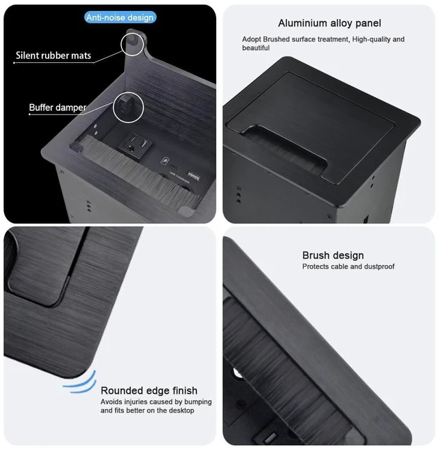 Alt view image 6 of 7 - Tabletop Brush Cable Cubby Connectivity Box with 2 AC Power + 1 USB-A Charger + 1 USB-C Charger + 4 Cable Holes with 5.58ft Power Cord for Conference Office(Black)
