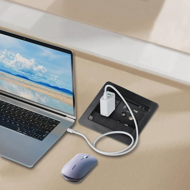 Alt view image 7 of 7 - Tabletop Brush Cable Cubby Connectivity Box with 2 AC Power + 1 USB-A Charger + 1 USB-C Charger + 4 Cable Holes with 5.58ft Power Cord for Conference Office(Black)