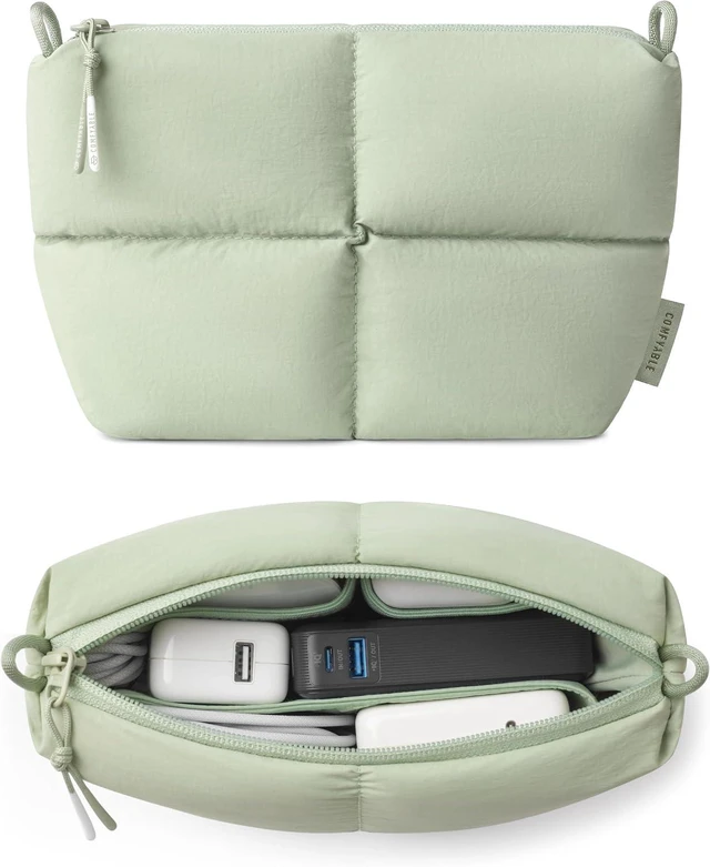Main image of Comfyable Puffy Electronics Organizer Travel Case, Cute Tech Pouch for Women Men, Cable Storage Bag for Charger, Phone, Power Bank, Cord, Compact Tech Accessories Pouch, Sage