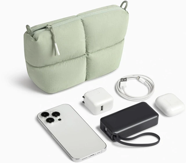 Alt view image 6 of 6 - Comfyable Puffy Electronics Organizer Travel Case, Cute Tech Pouch for Women Men, Cable Storage Bag for Charger, Phone, Power Bank, Cord, Compact Tech Accessories Pouch, Sage
