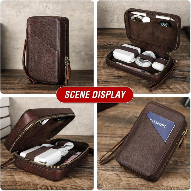Alt view image 3 of 7 - Top Grain Leather Text Custom Electronic Organizer Zipper Bag Tech Pouch, Handmade, Portable Compact Travel Storage Cases for Phone, USB Cables, Power Banks, Chargers, Hard Drive