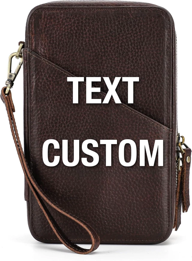 Main image of Top Grain Leather Text Custom Electronic Organizer Zipper Bag Tech Pouch, Handmade, Portable Compact Travel Storage Cases for Phone, USB Cables, Power Banks, Chargers, Hard Drive