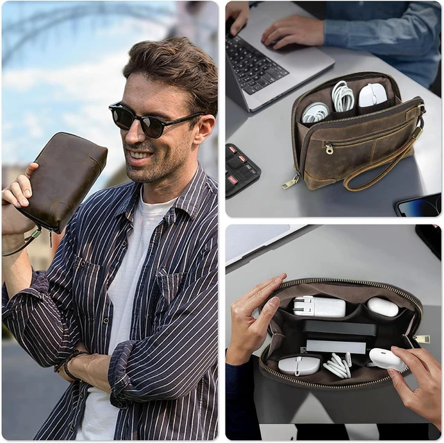 Alt view image 7 of 7 - Top Grain Leather Text Custom Electronic Organizer Zipper Bag Tech Pouch, Handmade, Portable Compact Travel Storage Cases for Phone, USB Cables, Power Banks, Chargers, Hard Drive