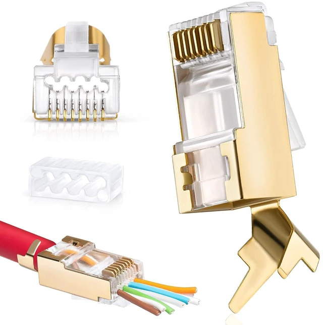 Main image of Everest Media Solutions RJ45 Cat7 & Cat6A Pass Through connectors - 30 Pcs, 50UM Gold Plated Shielded FTP/STP External Ground for 23 ,22 AWG Network Cable