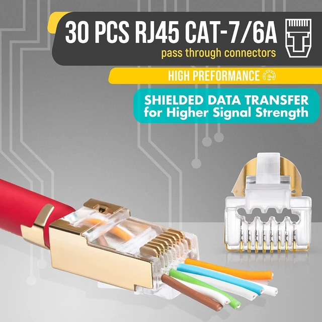 Alt view image 3 of 7 - Everest Media Solutions RJ45 Cat7 & Cat6A Pass Through connectors - 30 Pcs, 50UM Gold Plated Shielded FTP/STP External Ground for 23 ,22 AWG Network Cable