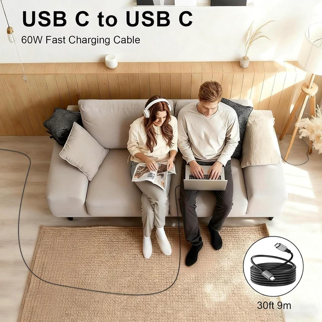 Alt view image 2 of 7 - 20ft USB C Cable,60W Extra Long USBC to USBC Fast Charging Cable for iPhone 17 Type C Charger Cord for iPhone 16 15 Pro Max/MacBook Pro Air iPad/Samsung S25 S24 Ultra S23 Security Cameras/Switch,Black