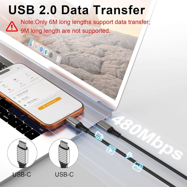Alt view image 5 of 7 - 20ft USB C Cable,60W Extra Long USBC to USBC Fast Charging Cable for iPhone 17 Type C Charger Cord for iPhone 16 15 Pro Max/MacBook Pro Air iPad/Samsung S25 S24 Ultra S23 Security Cameras/Switch,Black
