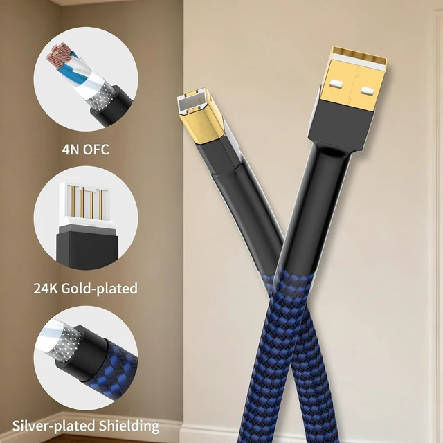 Alt view image 2 of 6 - Viborg HiFi USB Cable DAC A-B OCC Digital AB Audio A to B High End 6.6FT/2 Meter USB Printer Cable, USB 2.0 Type A Male to B Male Scanner Cord(2M)