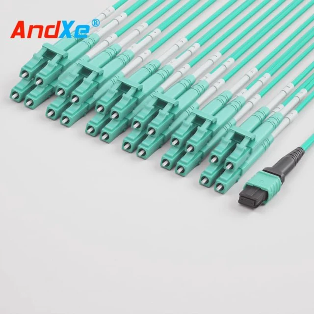 Alt view image 2 of 5 - 24 Fiber MPO to LC Breakout Cable, OM4 Multimode 50/125µm, Type B Polarity, Female MPO (No Pins) to 12x LC Duplex, 100G/200G/400G, Aqua, 1m (39.37 in) for Data Center, QSFP+ to SFP+