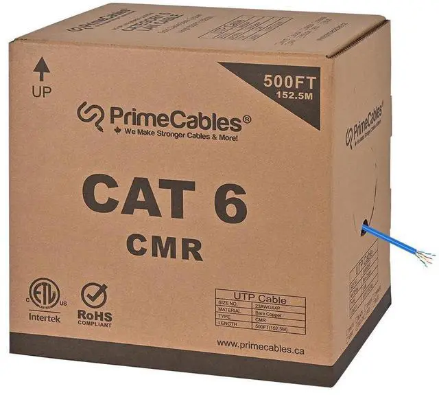 Main image of PrimeCables Ethernet Bulk Cable Cat6 CMR-Rated 500ft - Solid, Splineless Network Internet Cord 23AWG UTP,Pure Bare Copper Wire Blue