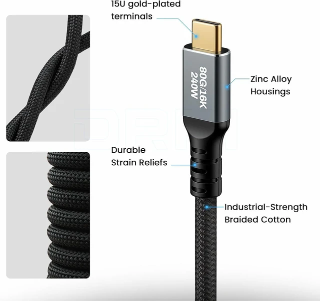 Alt view image 3 of 6 - 8K 60Hz 4K 60Hz 240W 80Gbps USB C to USB C PD Fast Charging Data Cable for iPhone 17 16 15 Pro Max, Samsung Galaxys,Android/MacBook, laptops
