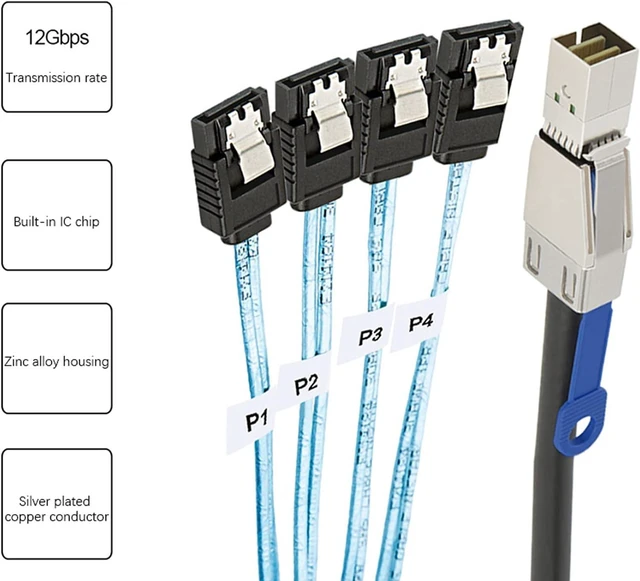 Alt view image 3 of 6 - 4X Mini SAS HD SFF-8644 to 4 X SATA 7Pin Hard Disk Cable 12Gbps Server External Hard Disk High-Speed Cable 3.33TF/1M