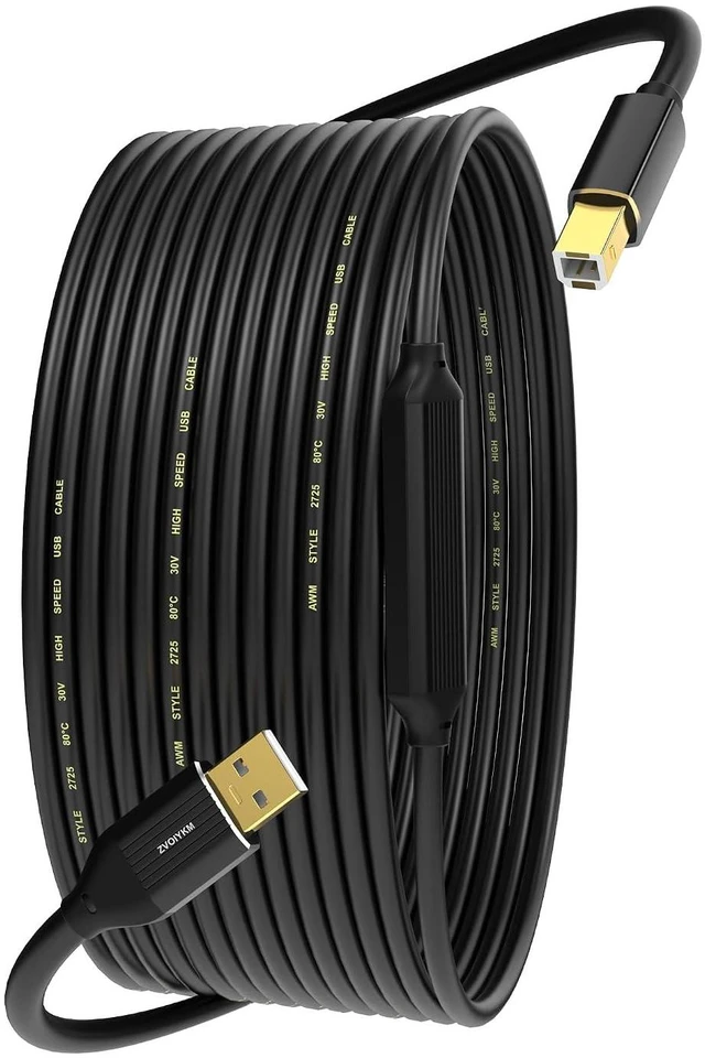Main image of USB A to USB B 2.0 Printer Cable 50ft/15m with Built-in Chip - 480Mbps High-Speed, Long Type B 2.0 Printer Cable for HP, Canon, Brother, Samsung, Dell, Epson, Lexmark, Xerox, and More