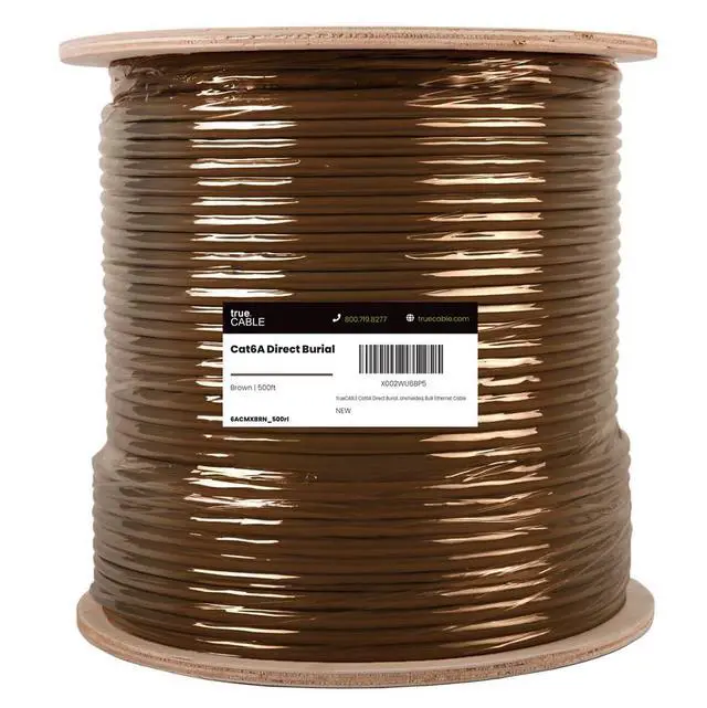 Alt view image 2 of 4 - TRUE CABLE Cat6A Direct Burial Bulk Ethernet Cable, 500ft, Brown, Waterproof, Outdoor Rated OSP, 23AWG Solid Bare Copper, 750MHz, PoE++ 100W, Unshielded UTP