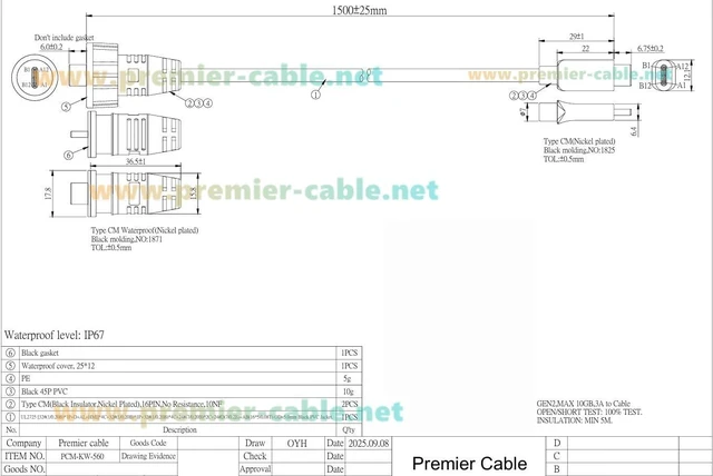 Alt view image 6 of 6 - IP67 Waterproof USB 3.1 Type C Male to Male Extension Cable 10Gbps USB 3.1 Gen2 C Threaded Fixed Recessed Cable for Data Transfer & Charging, Control Panels, Embedded PC(1.5M/4.92FT)