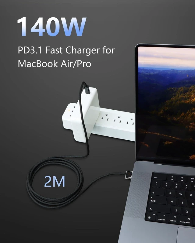 Alt view image 2 of 7 - Upgraded USB-C to Magnetic 3 Cable Compatible with MacBook Air/Pro (2021-2025), 140W Fast Charging, 6.6ft Braided Replacement Power Cord for Apple MacBook Charger, Black